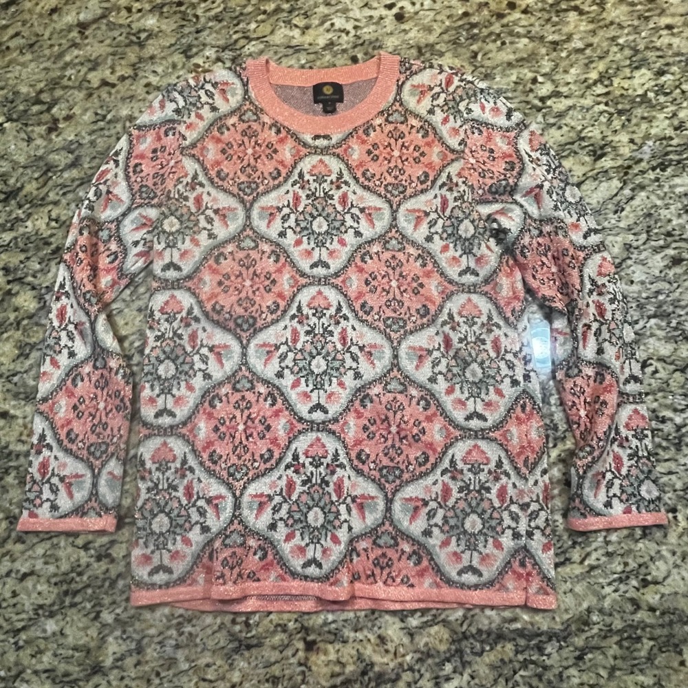 JM Collection Womens Medallion Knit Sweater Coral Metallic Shimmer Long Sleeve M